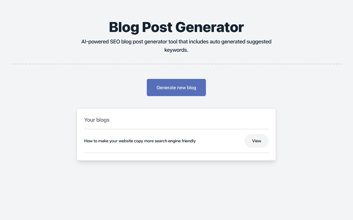 Blog Post Generator AI-powered SEO blog post generator tool that includes auto generated suggested keywords.