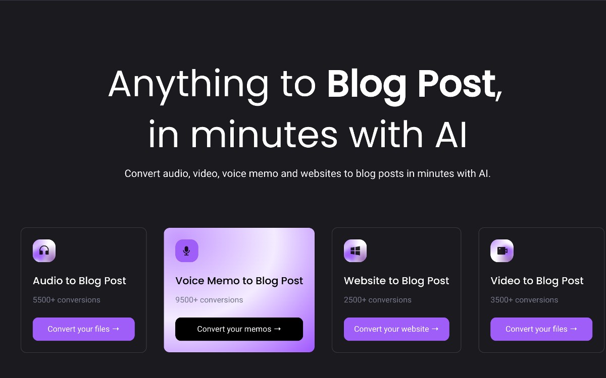 Anything to Blog Post, in minutes with AI Convert audio, video, voice memo and websites to blog posts in minutes with AI.